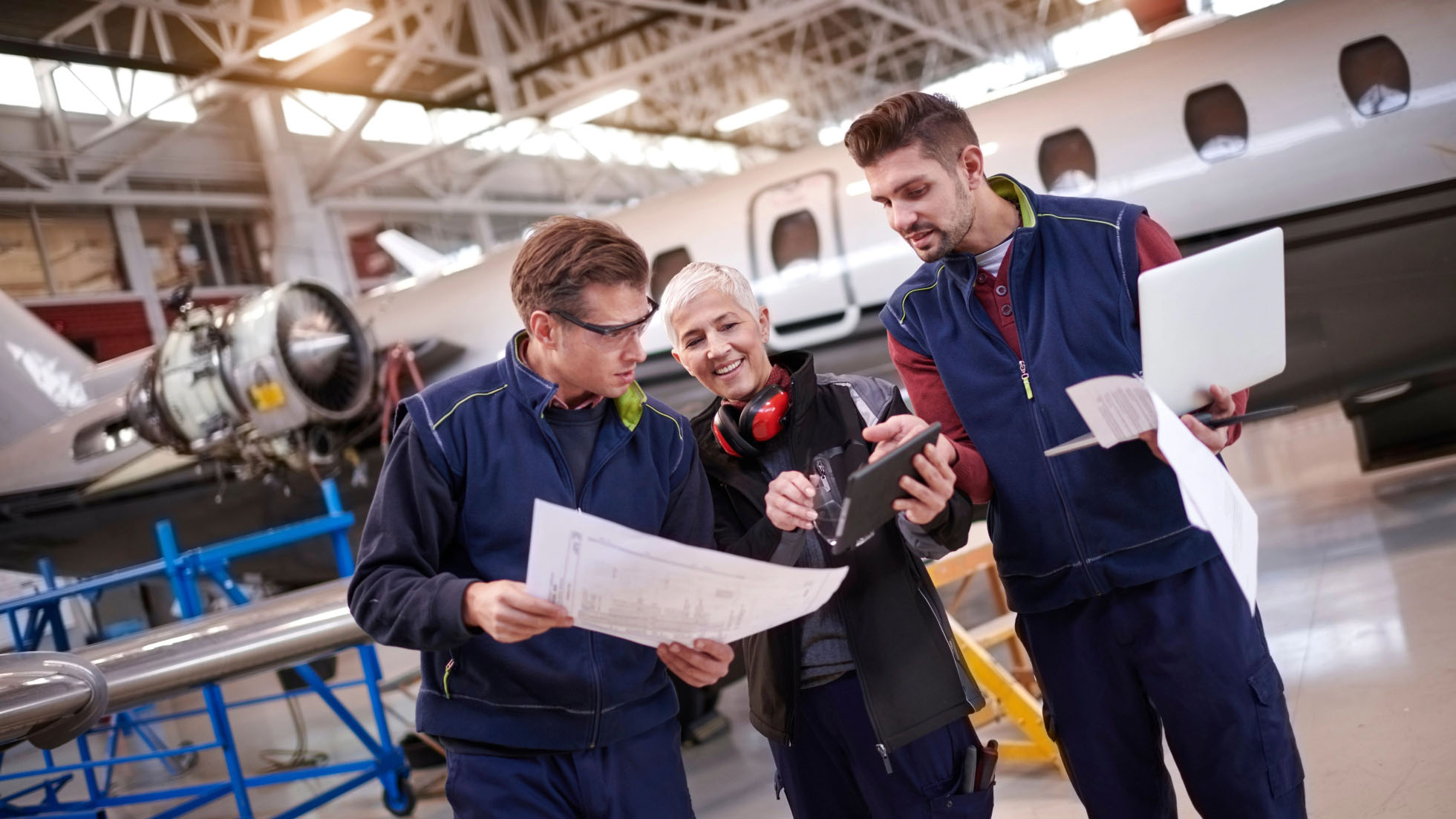 Group of aviation professionals in discussion